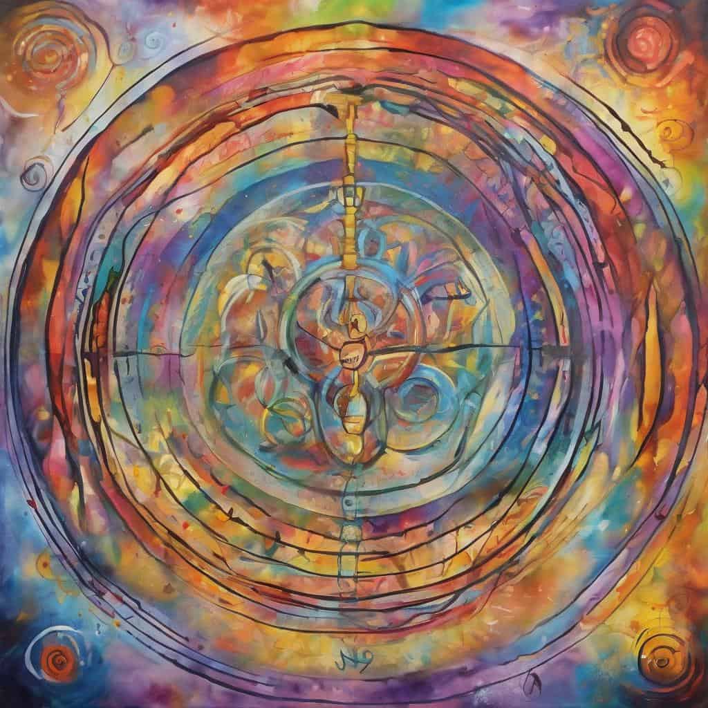 Αντικείμενο ωρολογίου σε πολύχρωμο αφηρημένο έργο τέχνης.