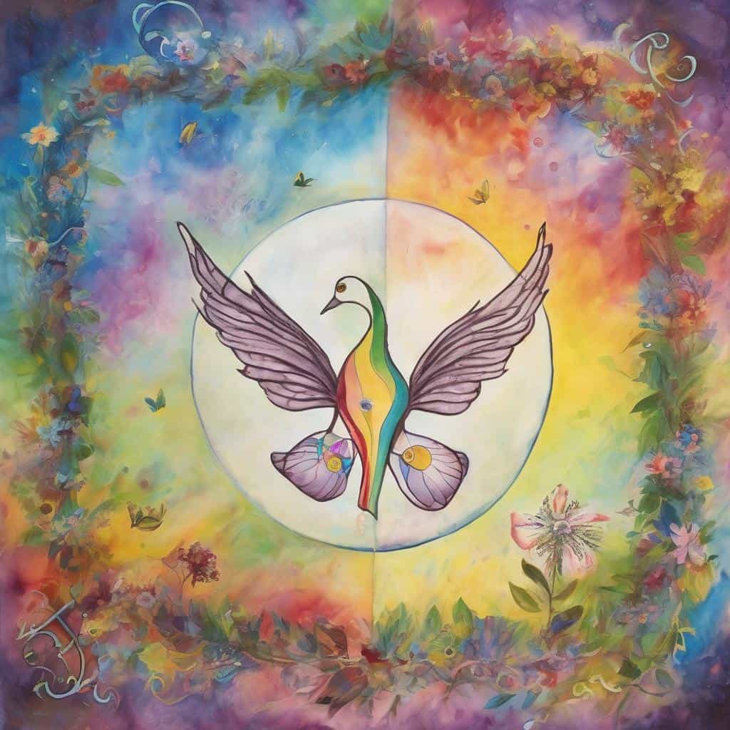 Ζωγραφιά με πολύχρωμο πουλί με φτερά, γύρω λουλούδια και πεταλούδες, σύμβολα εσωτερικής ειρήνης και ηρεμίας.