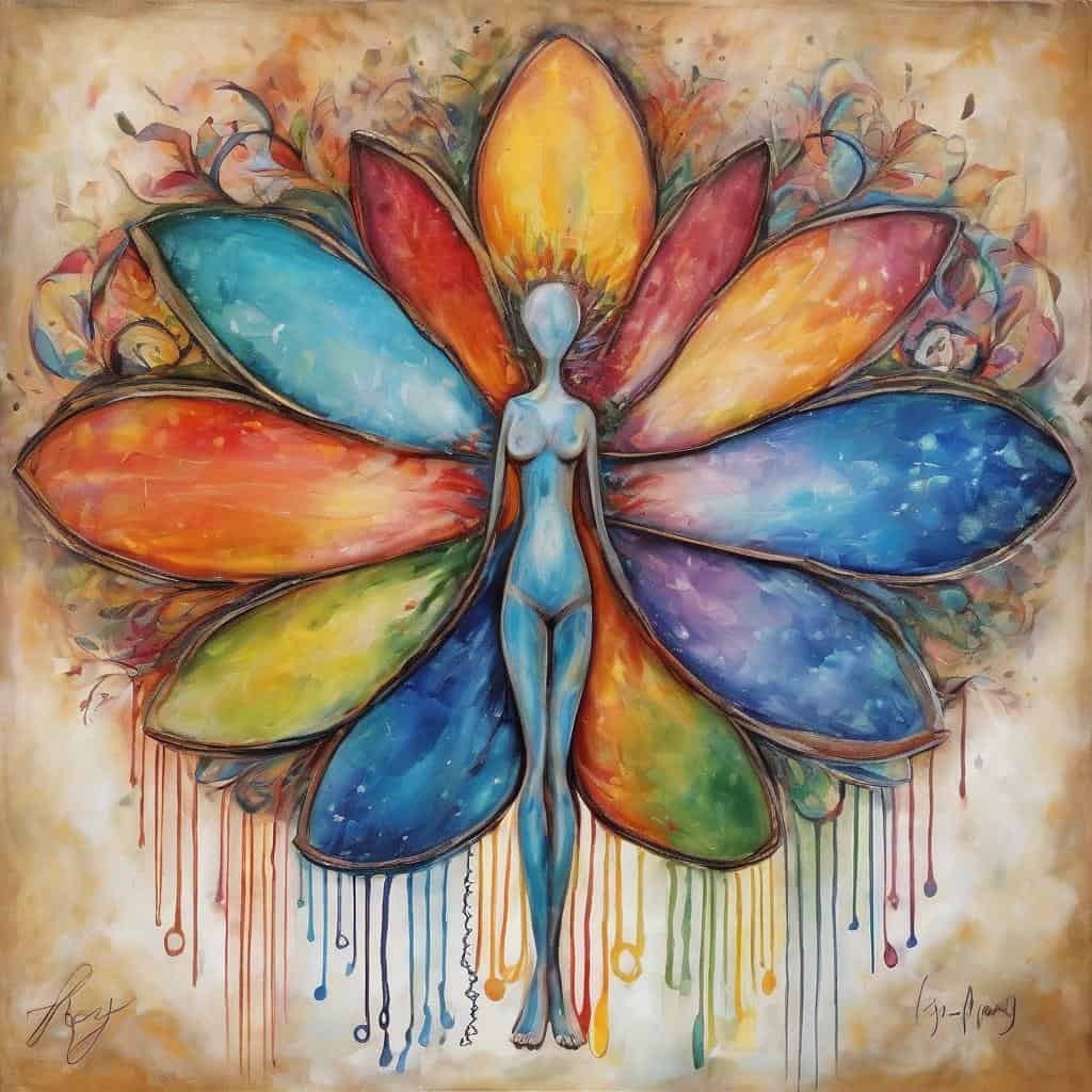 Ζωγραφιά με πολύχρωμα φτερά, τέχνη, αυτοέκφραση και δημιουργικότητα σε μια εκπληκτική σύνθεση.