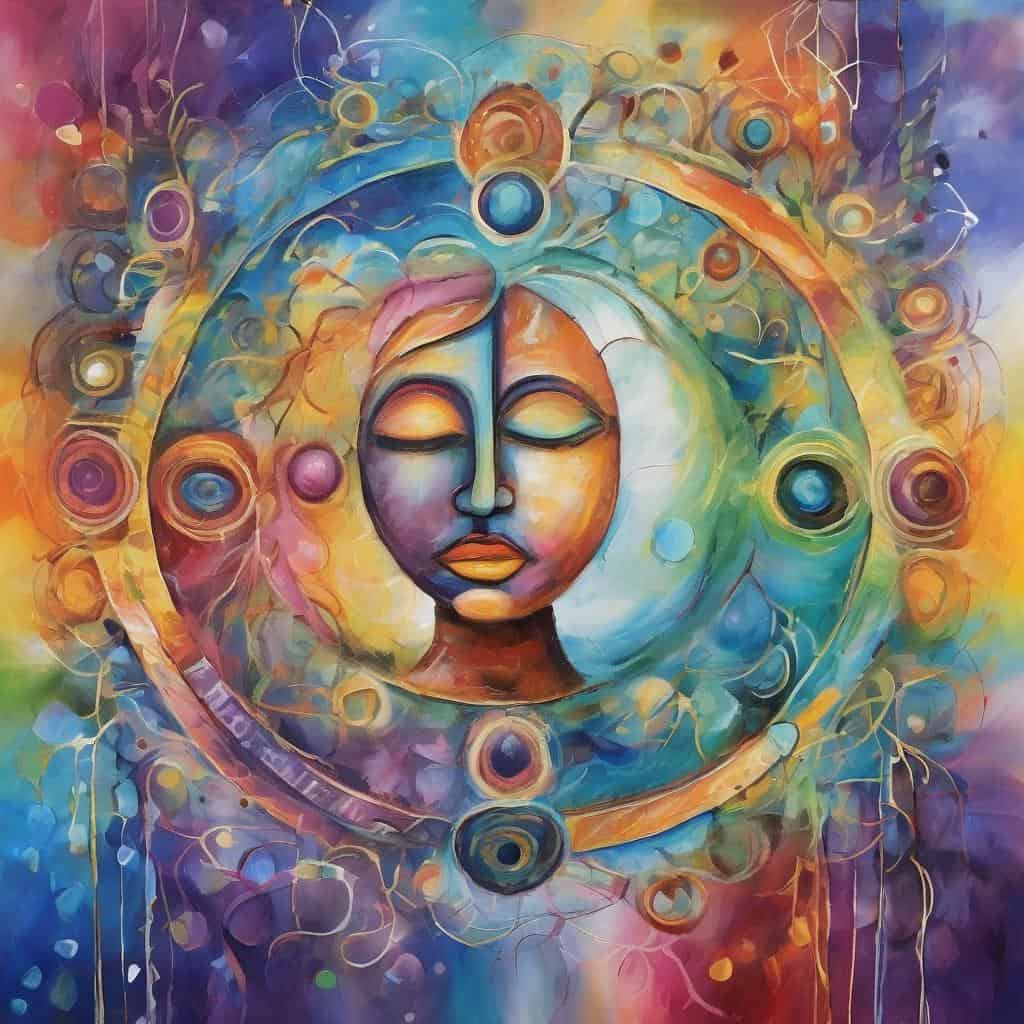 Πολύχρωμο αφηρημένο έργο τέχνης με κρανίο και γαλήνια έκφραση, συμβολίζει εσωτερική ισορροπία και ψυχική ηρεμία.