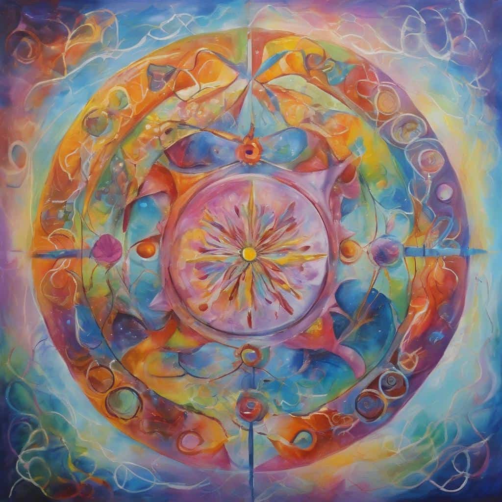 Περιγραφή: Ένα πολύχρωμο, αφηρημένο έργο τέχνης με έντονα χρώματα και απαλές γραμμές που συμβολίζουν την αυτοσυνείδηση και τις μικρές αλλαγές.